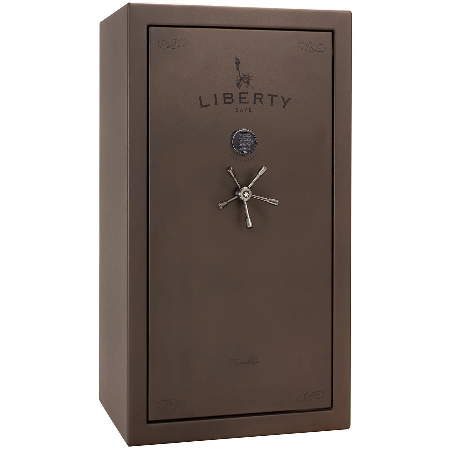 Liberty Franklin 40 gun safe in Bronze Textured with Black Chrome and S&G electronic lock, exterior view.