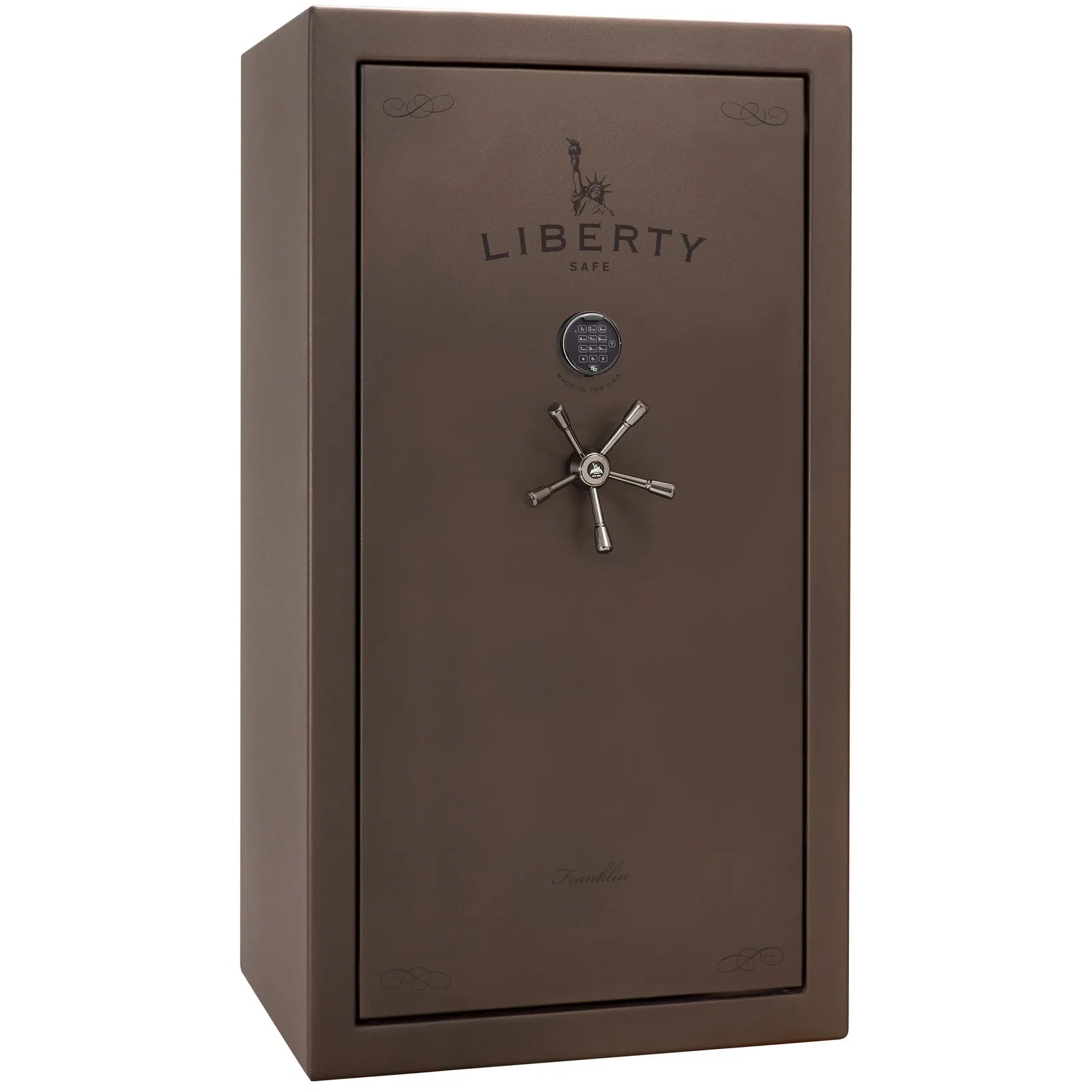 Liberty Franklin 40 gun safe in Bronze Textured with Black Chrome and S&G electronic lock, exterior view.