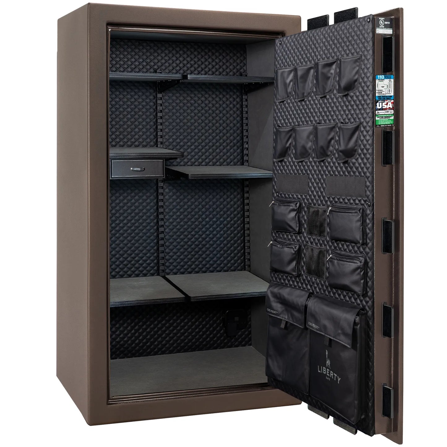 Liberty Franklin 40 gun safe in Bronze Textured with Black Chrome, Signature interior empty.