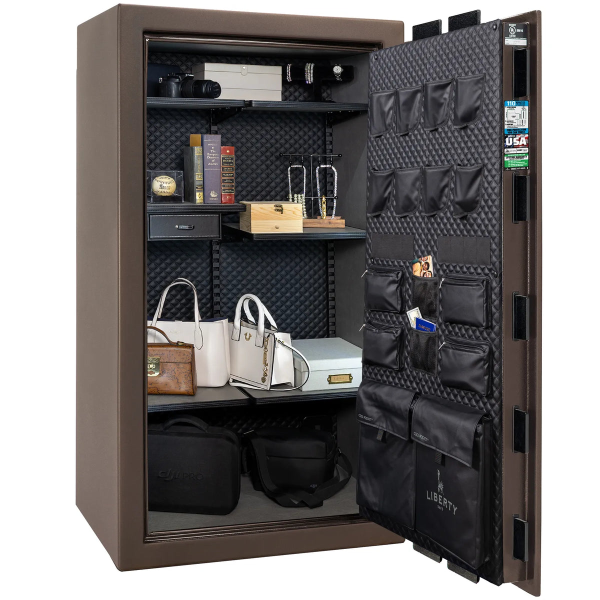Liberty Franklin 40 gun safe in Bronze Textured with Black Chrome, Signature interior full with shelving and no guns.