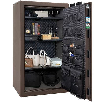Liberty Franklin 40 gun safe in Bronze Textured with Black Chrome, Signature interior full with shelving and no guns.