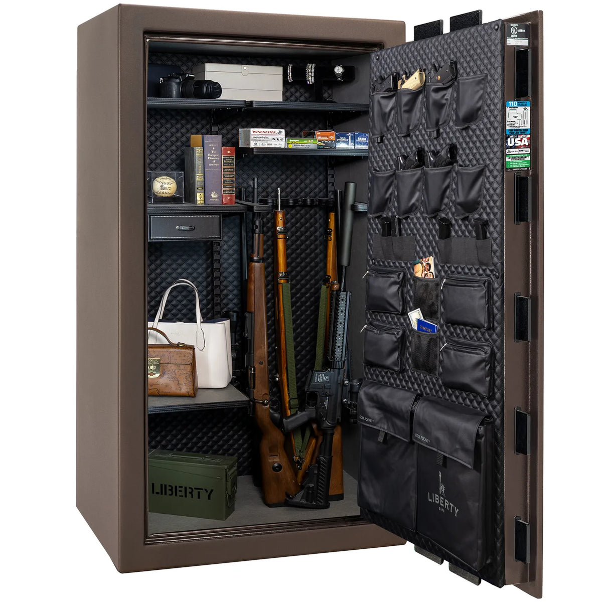 Liberty Franklin 40 gun safe in Bronze Textured with Black Chrome, Signature interior loaded with firearms.