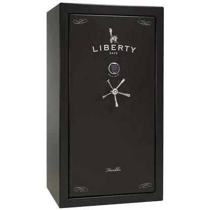 Liberty Franklin 40 gun safe in Textured Black with Chrome and S&G electronic lock, exterior view.