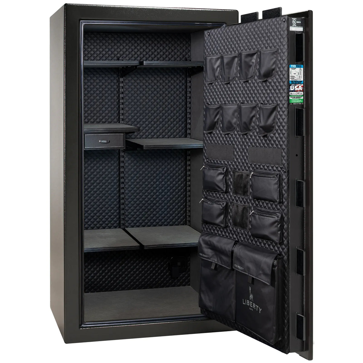 Liberty Franklin 40 gun safe in Textured Black with Chrome, Signature interior empty.