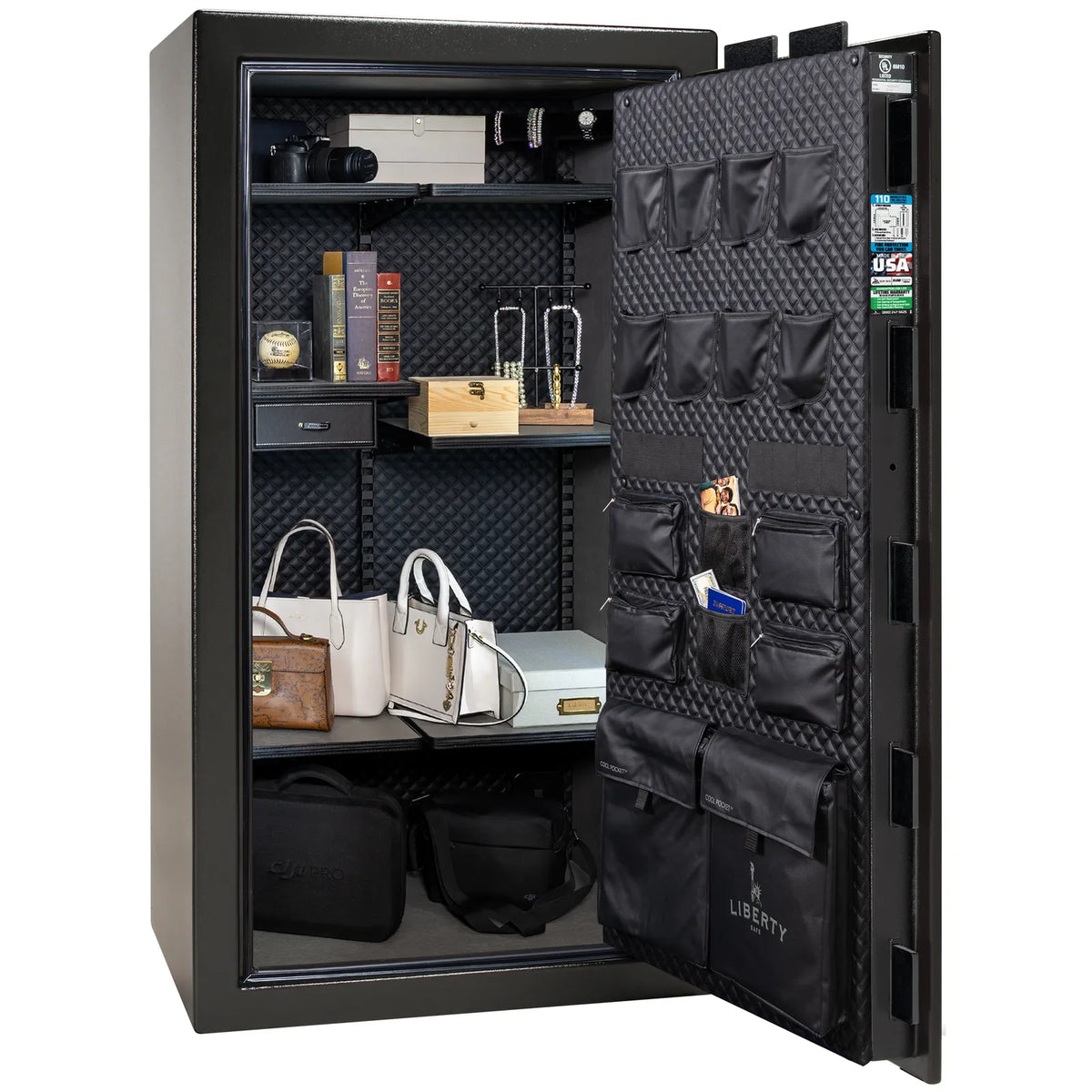 Liberty Franklin 40 gun safe in Textured Black with Chrome, Signature interior full with shelving and no guns.