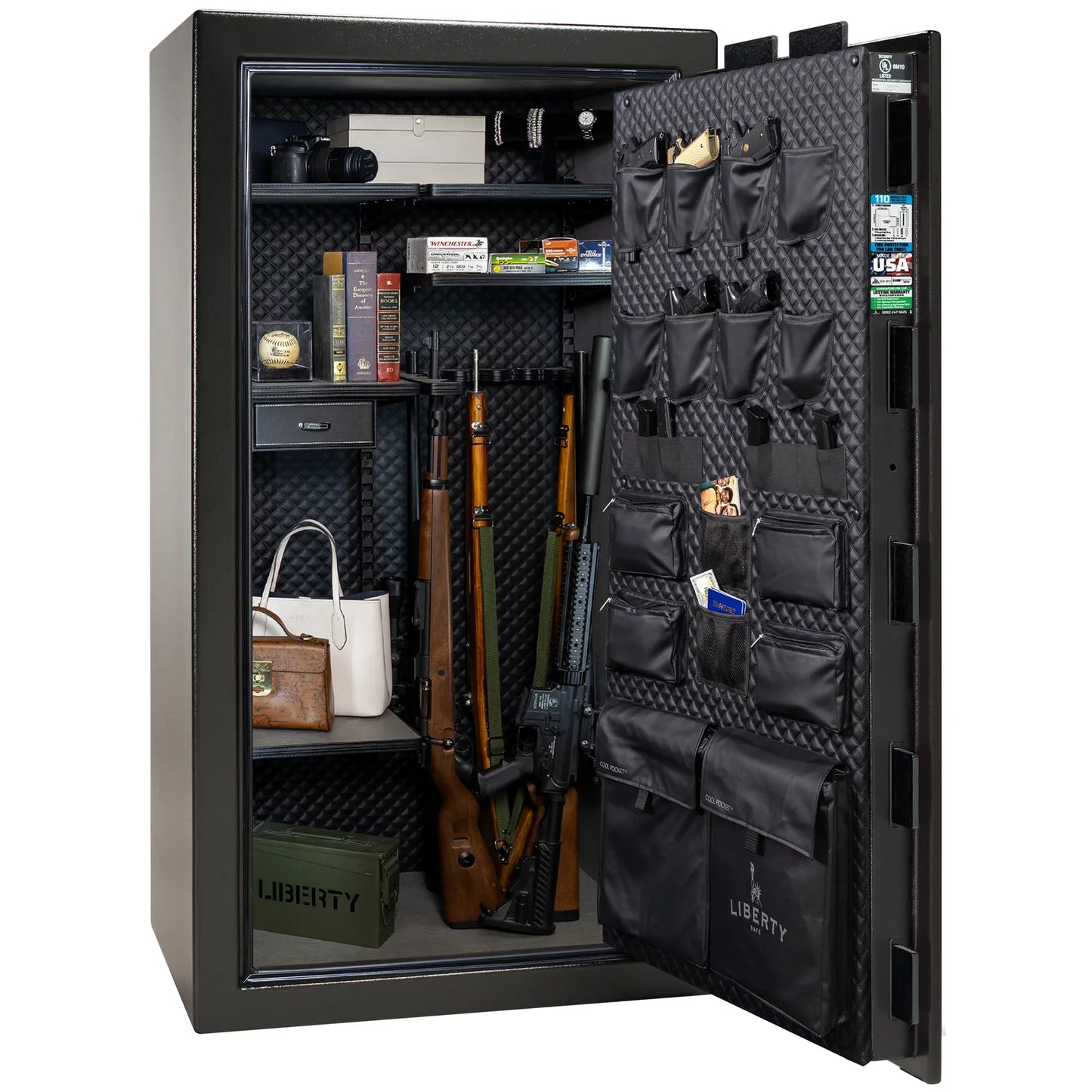 Liberty Franklin 40 gun safe in Textured Black with Chrome, Signature interior loaded with firearms.