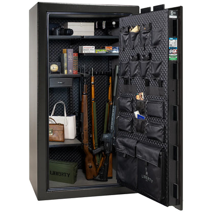 Liberty Franklin 40 gun safe in Textured Black with Chrome, Signature interior loaded with firearms.