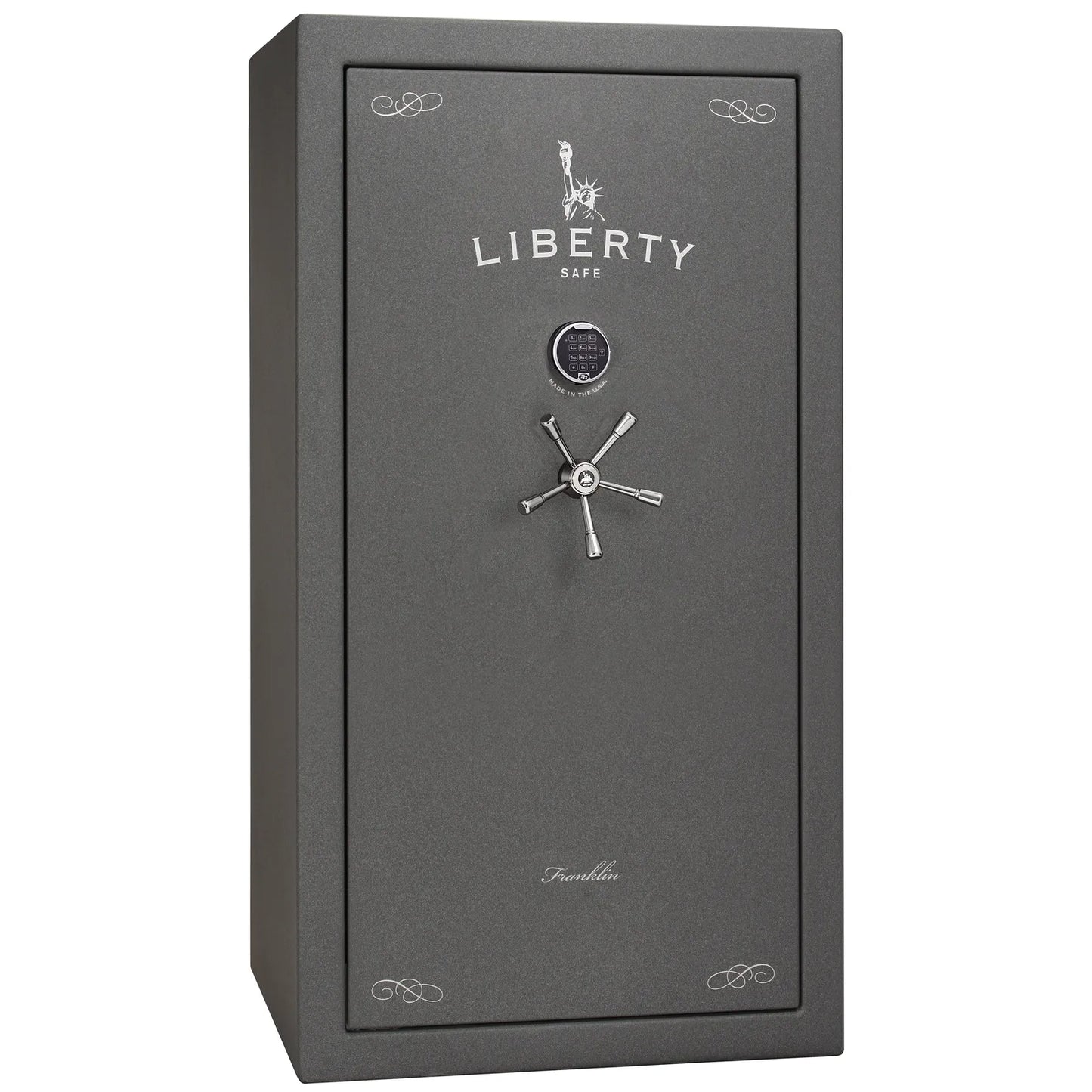 Liberty Franklin 40 gun safe in Textured Granite with Chrome and S&G electronic lock, exterior view.