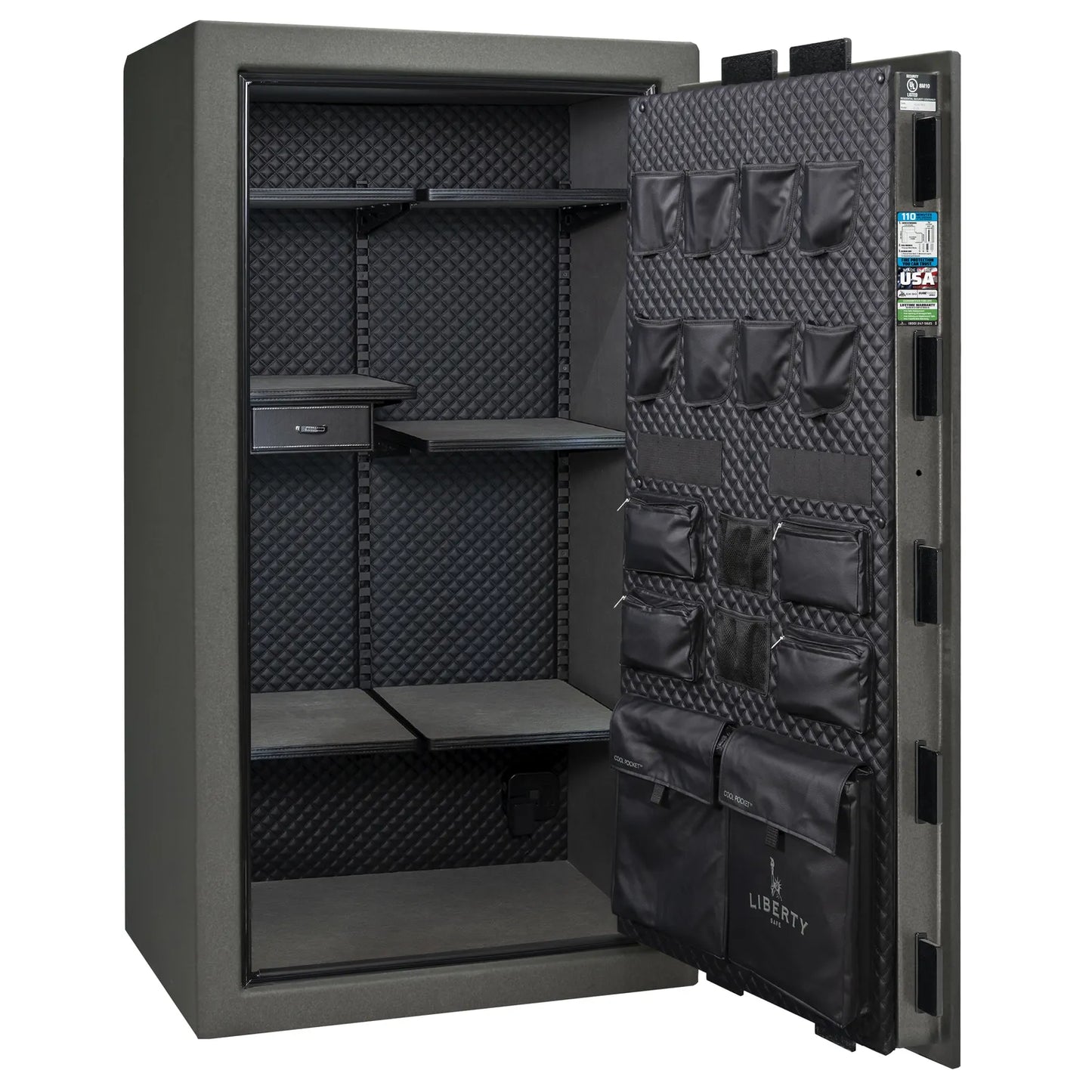Liberty Franklin 40 gun safe in Textured Granite with Chrome, Signature interior empty.