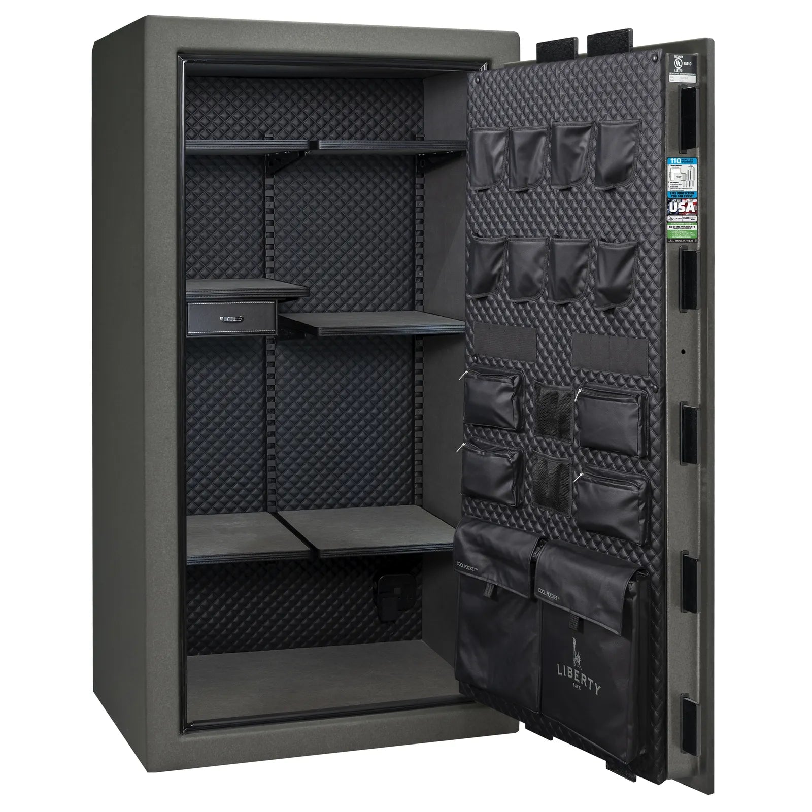 Liberty Franklin 40 gun safe in Textured Granite with Chrome, Signature interior empty.