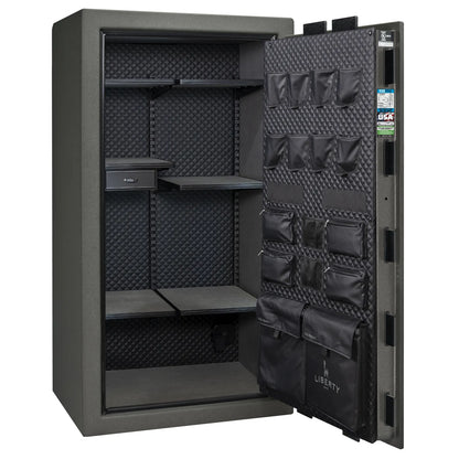 Liberty Franklin 40 gun safe in Textured Granite with Chrome, Signature interior empty.