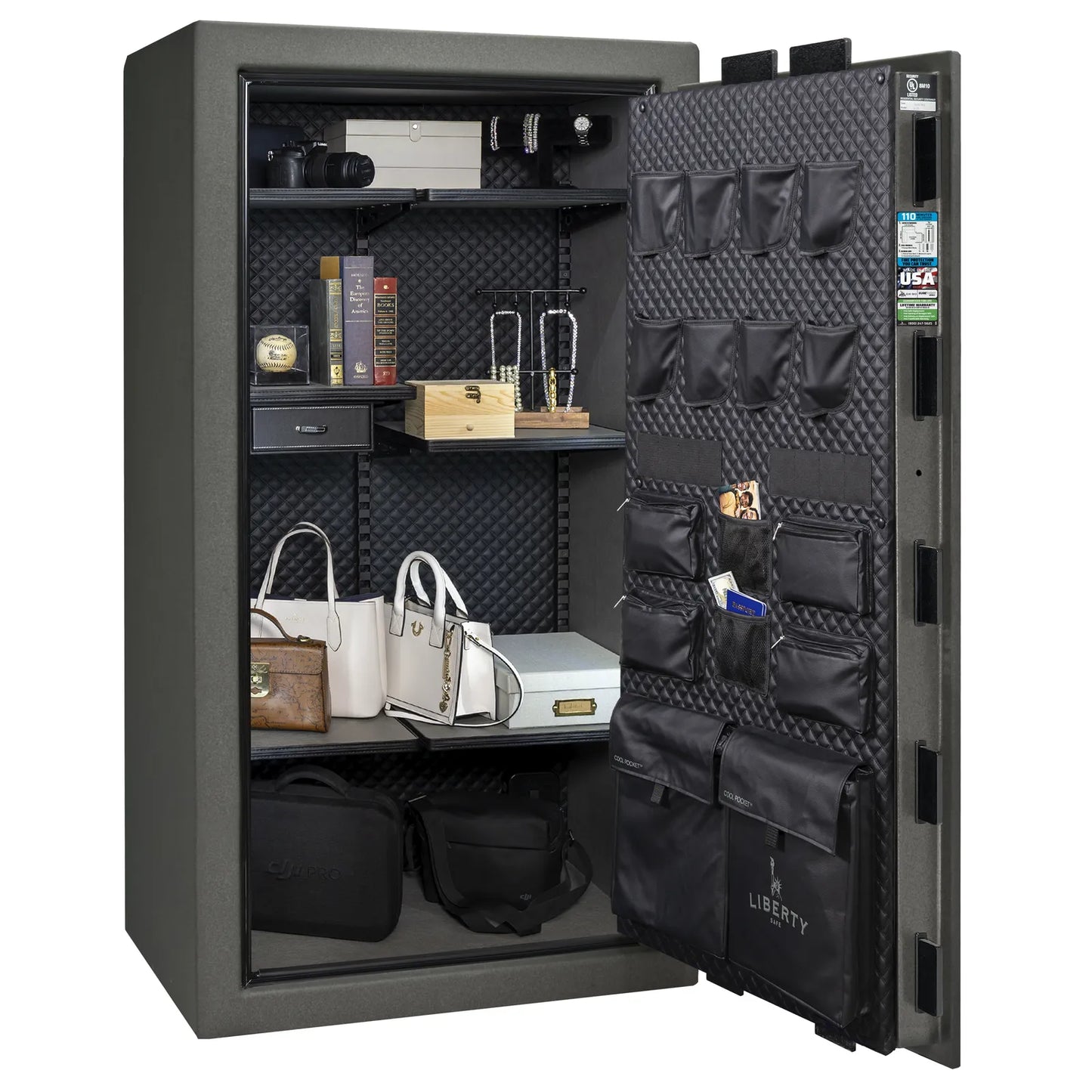 Liberty Franklin 40 gun safe in Textured Granite with Chrome, Signature interior full with shelving and no guns.