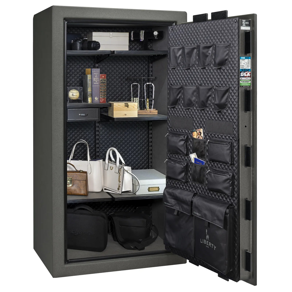 Liberty Franklin 40 gun safe in Textured Granite with Chrome, Signature interior full with shelving and no guns.
