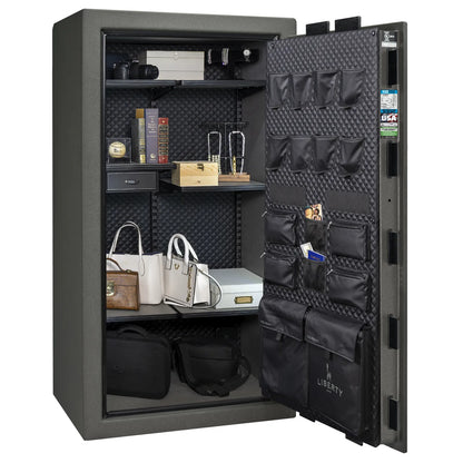 Liberty Franklin 40 gun safe in Textured Granite with Chrome, Signature interior full with shelving and no guns.