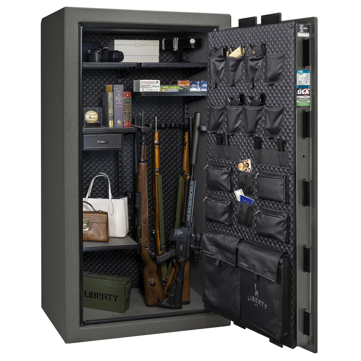 Liberty Franklin 40 gun safe in Textured Granite with Chrome, Signature interior loaded with firearms.
