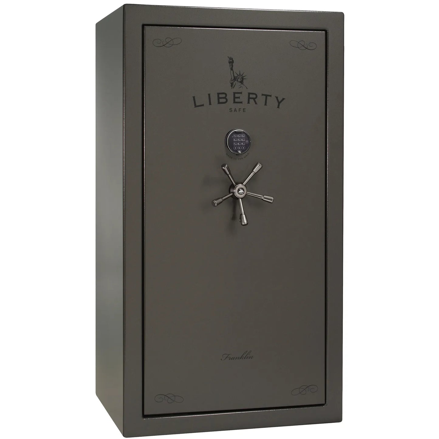 Liberty Franklin 40 gun safe in Gray Marble with Black Chrome and S&G electronic lock, exterior view.