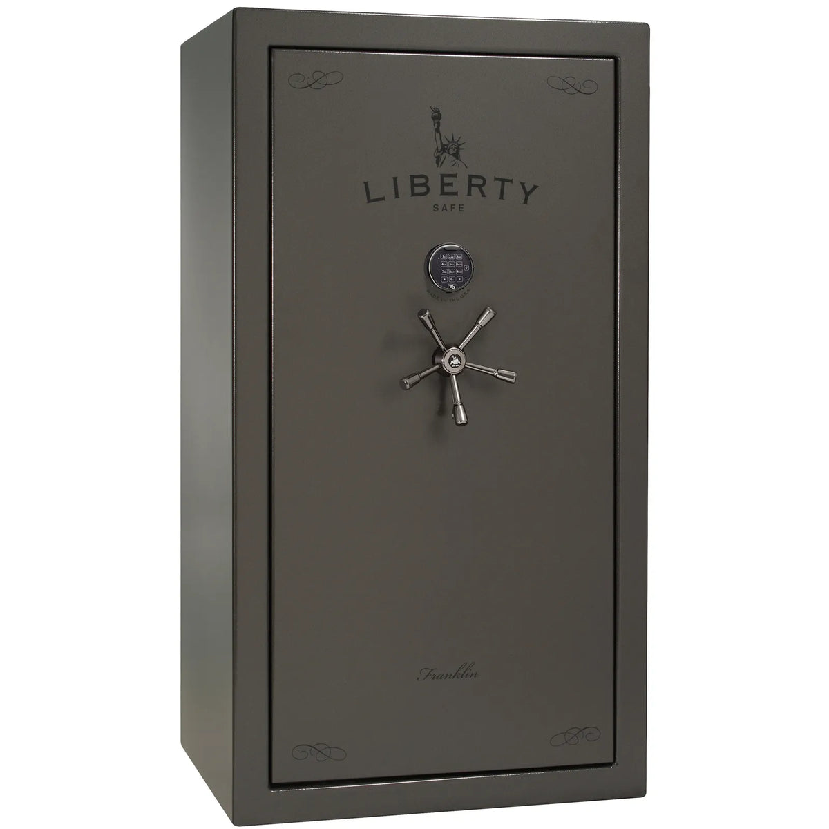 Liberty Franklin 40 gun safe in Gray Marble with Black Chrome and S&G electronic lock, exterior view.