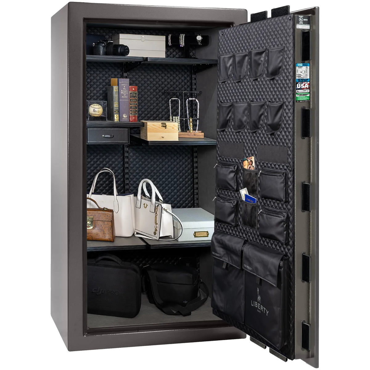 Liberty Franklin 40 gun safe in Gray Marble with Black Chrome, Signature interior full with shelving and no guns.