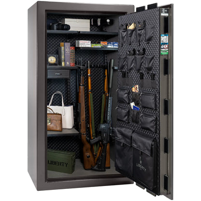 Liberty Franklin 40 gun safe in Gray Marble with Black Chrome, Signature interior loaded with firearms.