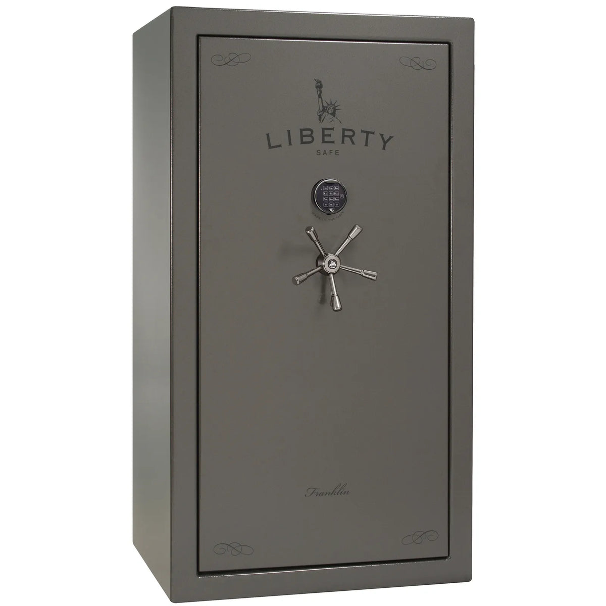 Liberty Franklin 40 gun safe in Gray Gloss with Black Chrome and S&G electronic lock, exterior view.