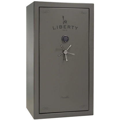 Liberty Franklin 40 gun safe in Gray Gloss with Black Chrome and S&G electronic lock, exterior view.