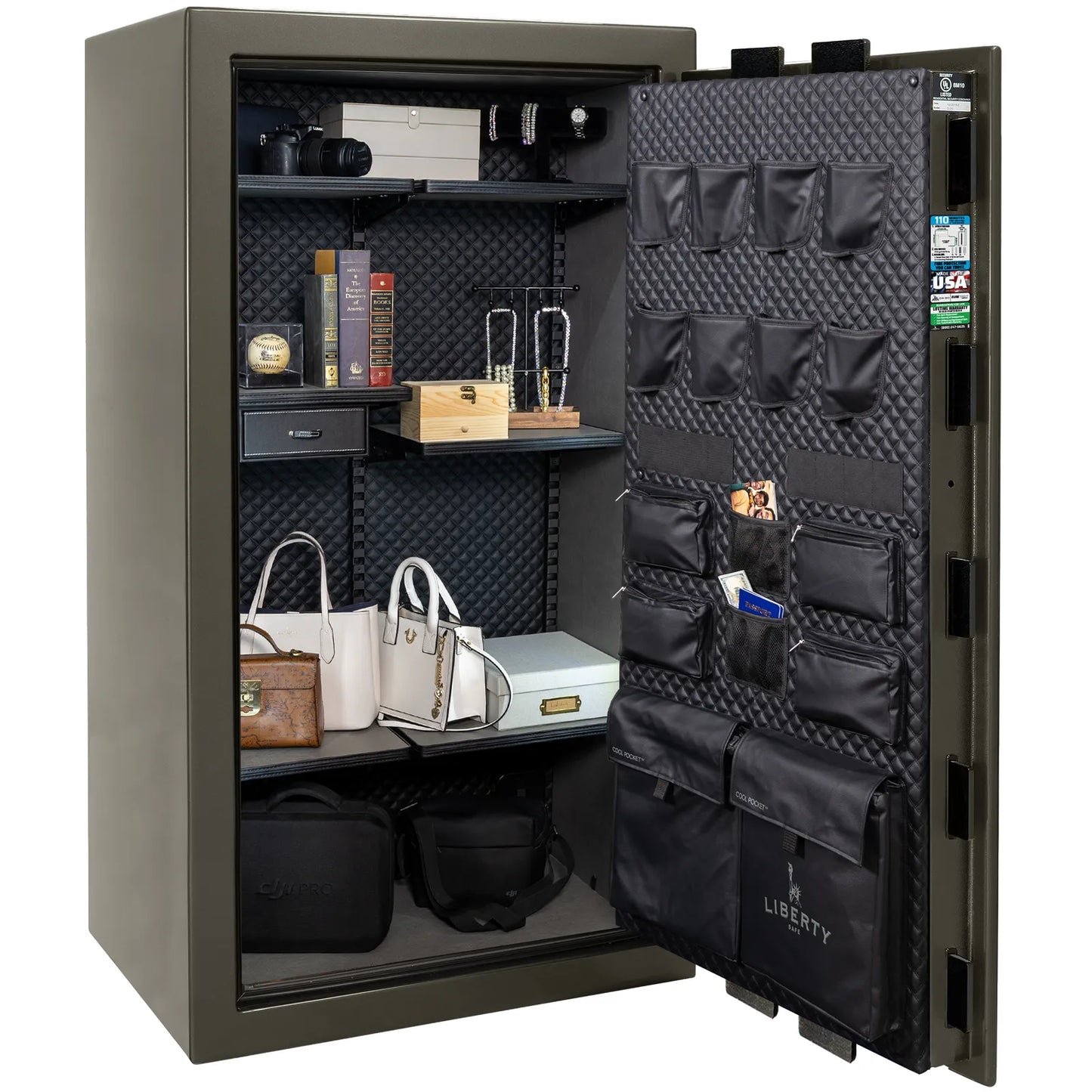 Liberty Franklin 40 gun safe in Gray Gloss with Black Chrome, Signature interior full with shelving and no guns.