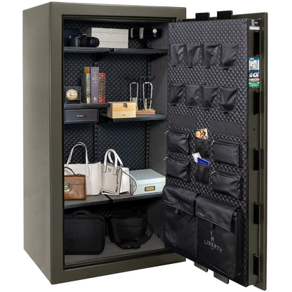 Liberty Franklin 40 gun safe in Gray Gloss with Black Chrome, Signature interior full with shelving and no guns.