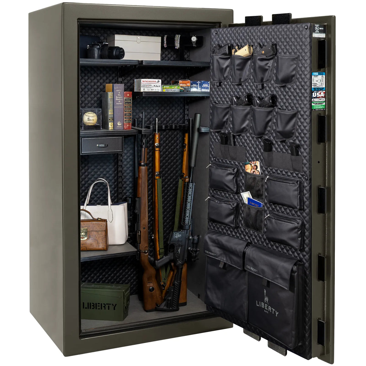 Liberty Franklin 40 gun safe in Gray Gloss with Black Chrome, Signature interior loaded with firearms.