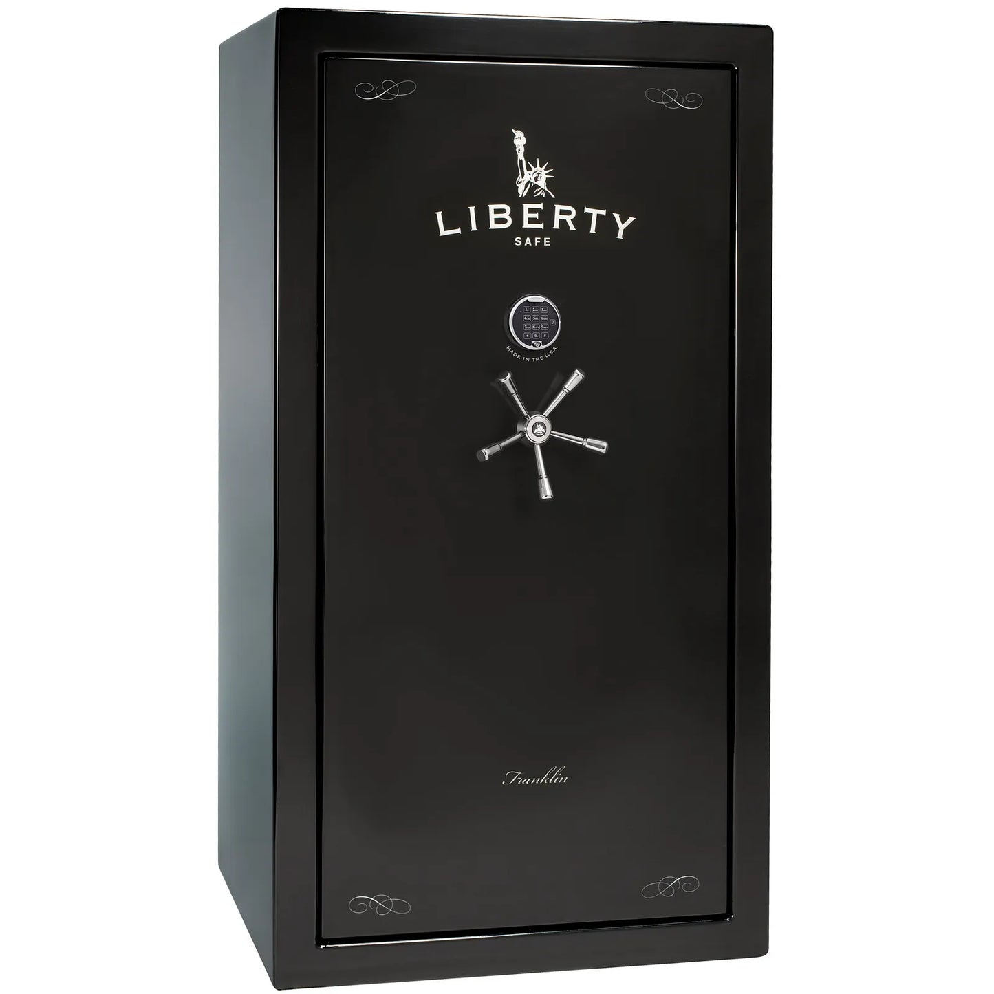 Liberty Franklin 40 gun safe in Black Gloss with Chrome and S&G electronic lock, exterior view.