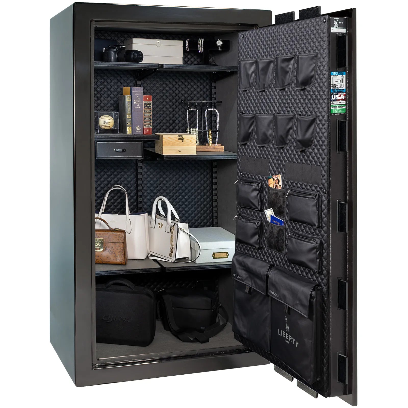 Liberty Franklin 40 gun safe in Black Gloss with Chrome, Signature interior full with shelving and no guns.