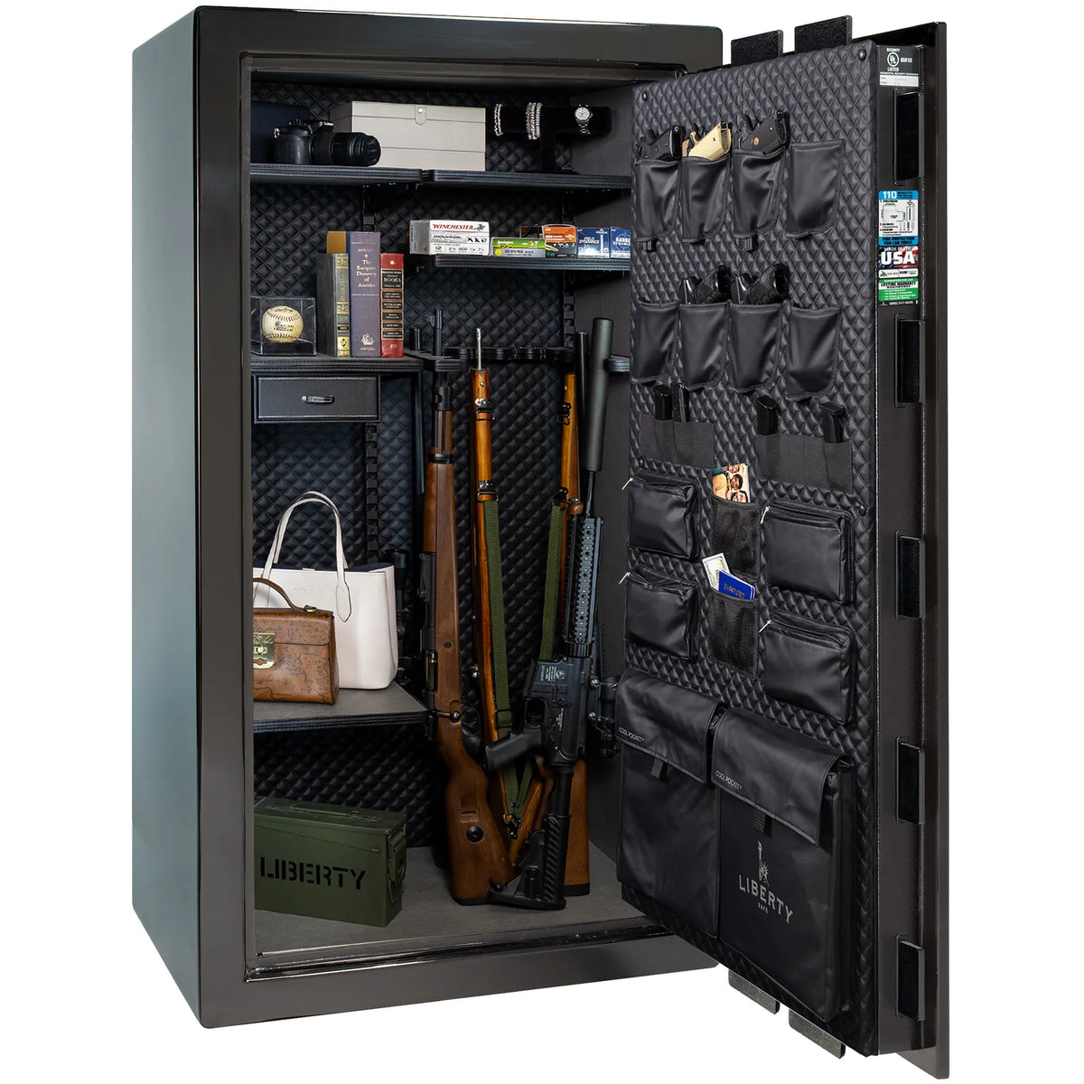 Liberty Franklin 40 gun safe in Black Gloss with Chrome, Signature interior loaded with firearms.