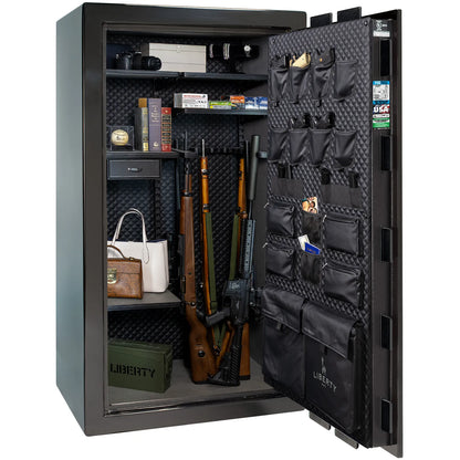 Liberty Franklin 40 gun safe in Black Gloss with Chrome, Signature interior loaded with firearms.