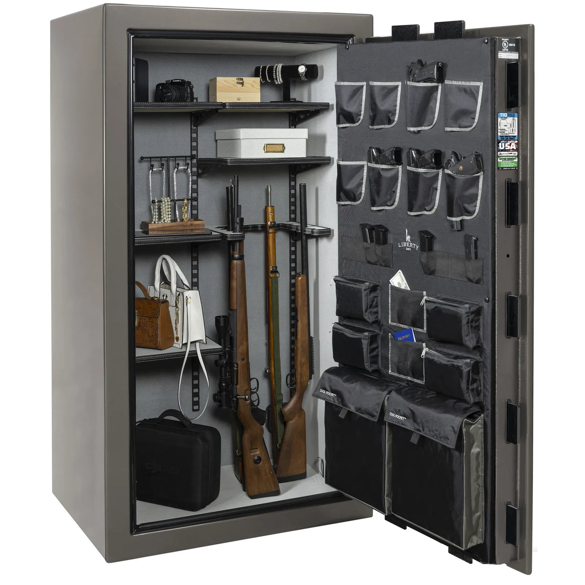 Liberty Franklin 40 Pro Flex interior in Gray Gloss, loaded storage configuration.