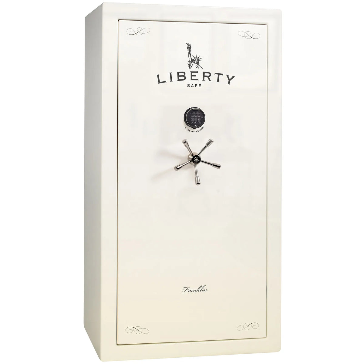 Liberty Franklin 40 gun safe in White Gloss with Black Chrome and S&G electronic lock, exterior view.
