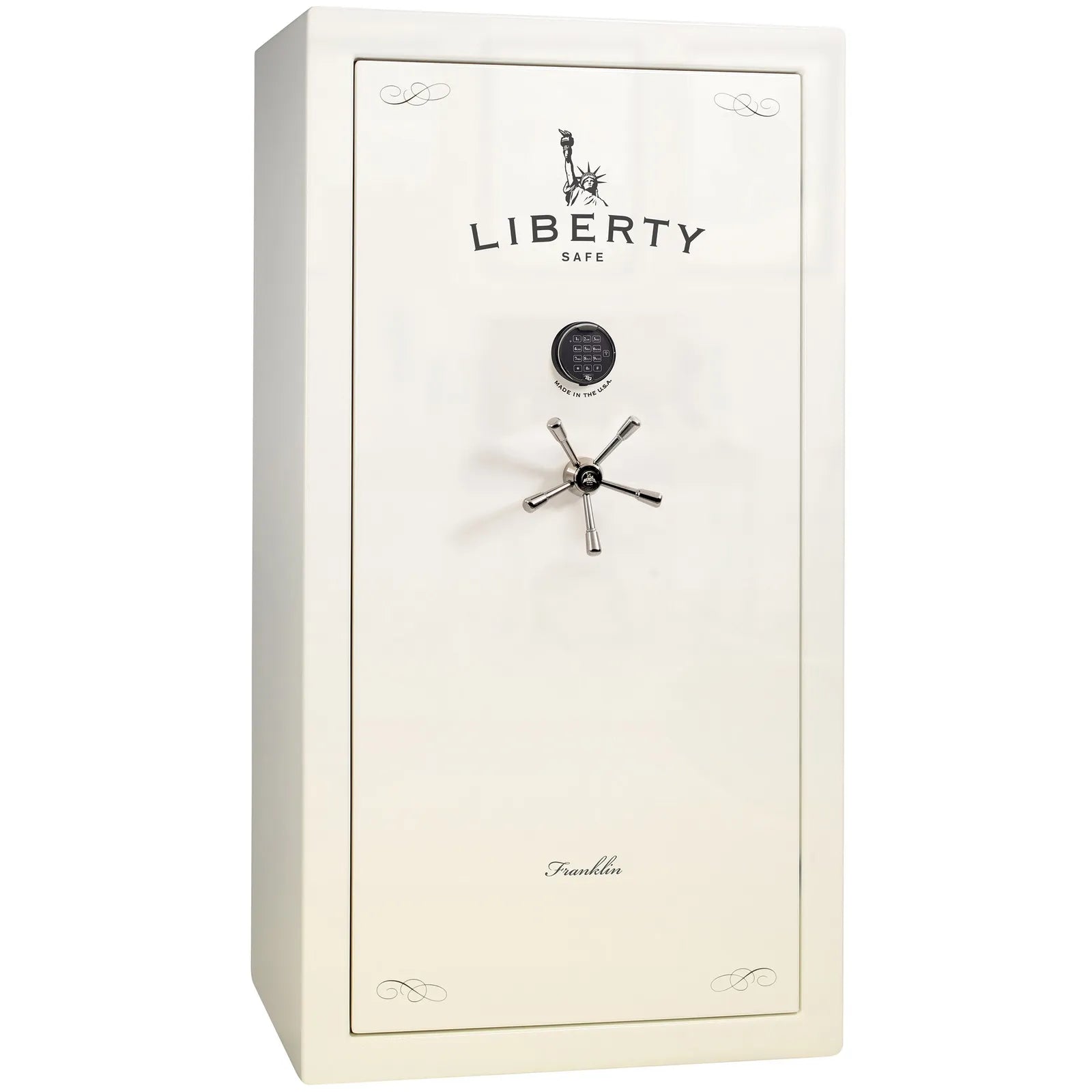 Liberty Franklin 40 gun safe in White Gloss with Black Chrome and S&G electronic lock, exterior view.