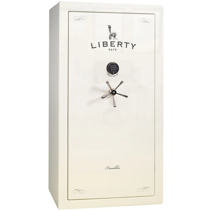 Liberty Franklin 40 gun safe in White Gloss with Black Chrome and S&G electronic lock, exterior view.