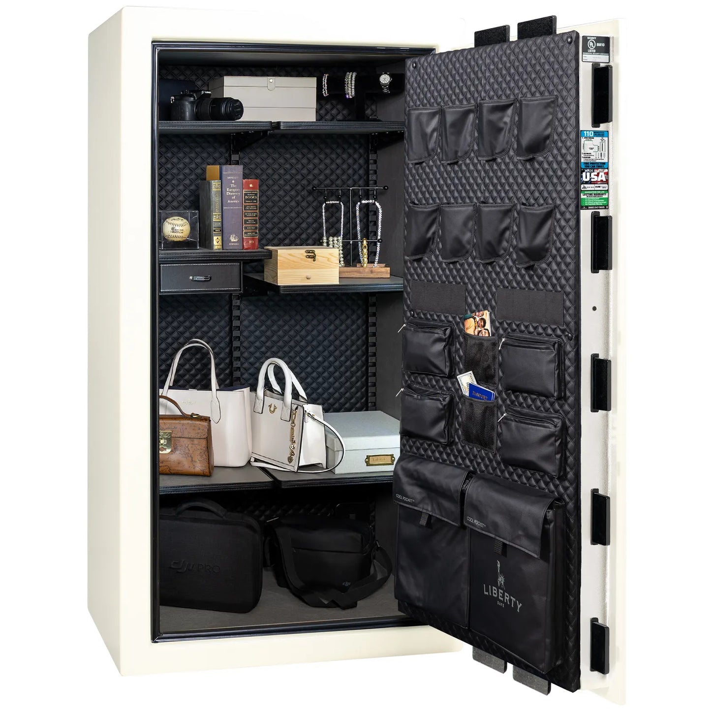 Liberty Franklin 40 gun safe in White Gloss with Black Chrome, Signature interior full with shelving and no guns.
