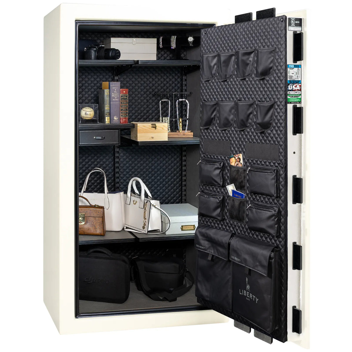 Liberty Franklin 40 gun safe in White Gloss with Black Chrome, Signature interior full with shelving and no guns.