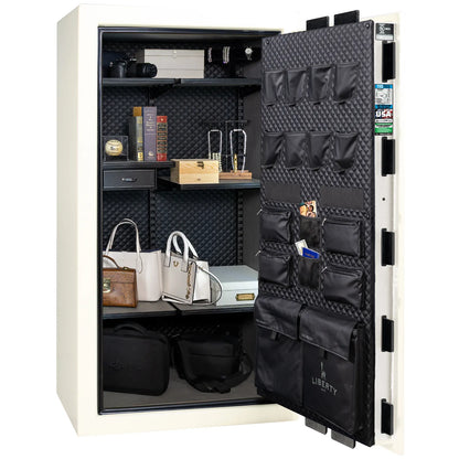 Liberty Franklin 40 gun safe in White Gloss with Black Chrome, Signature interior full with shelving and no guns.