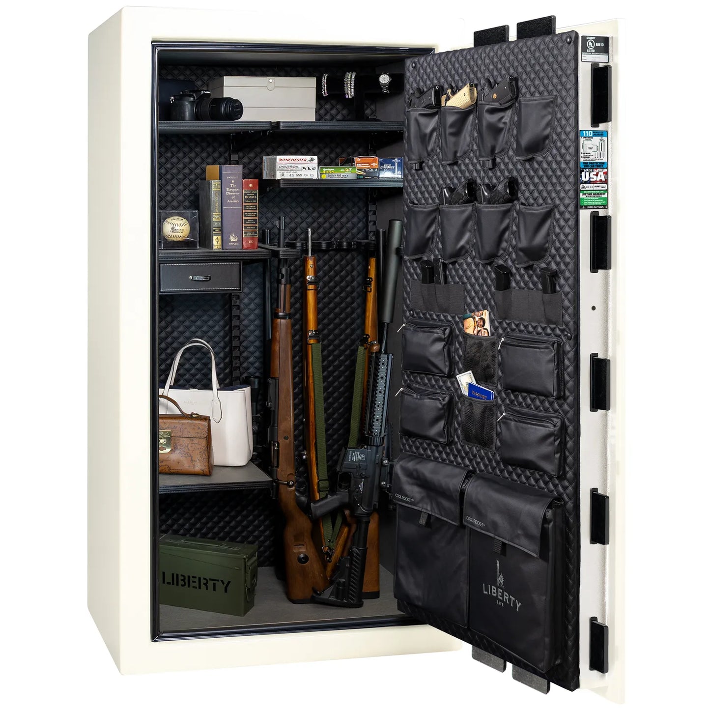 Liberty Franklin 40 gun safe in White Gloss with Black Chrome, Signature interior loaded with firearms.