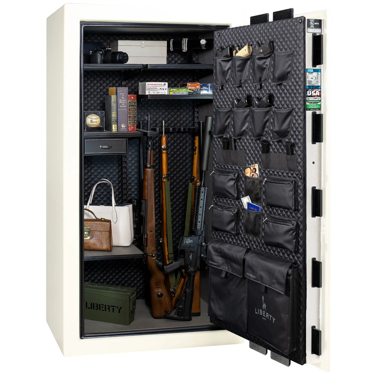 Liberty Franklin 40 gun safe in White Gloss with Black Chrome, Signature interior loaded with firearms.