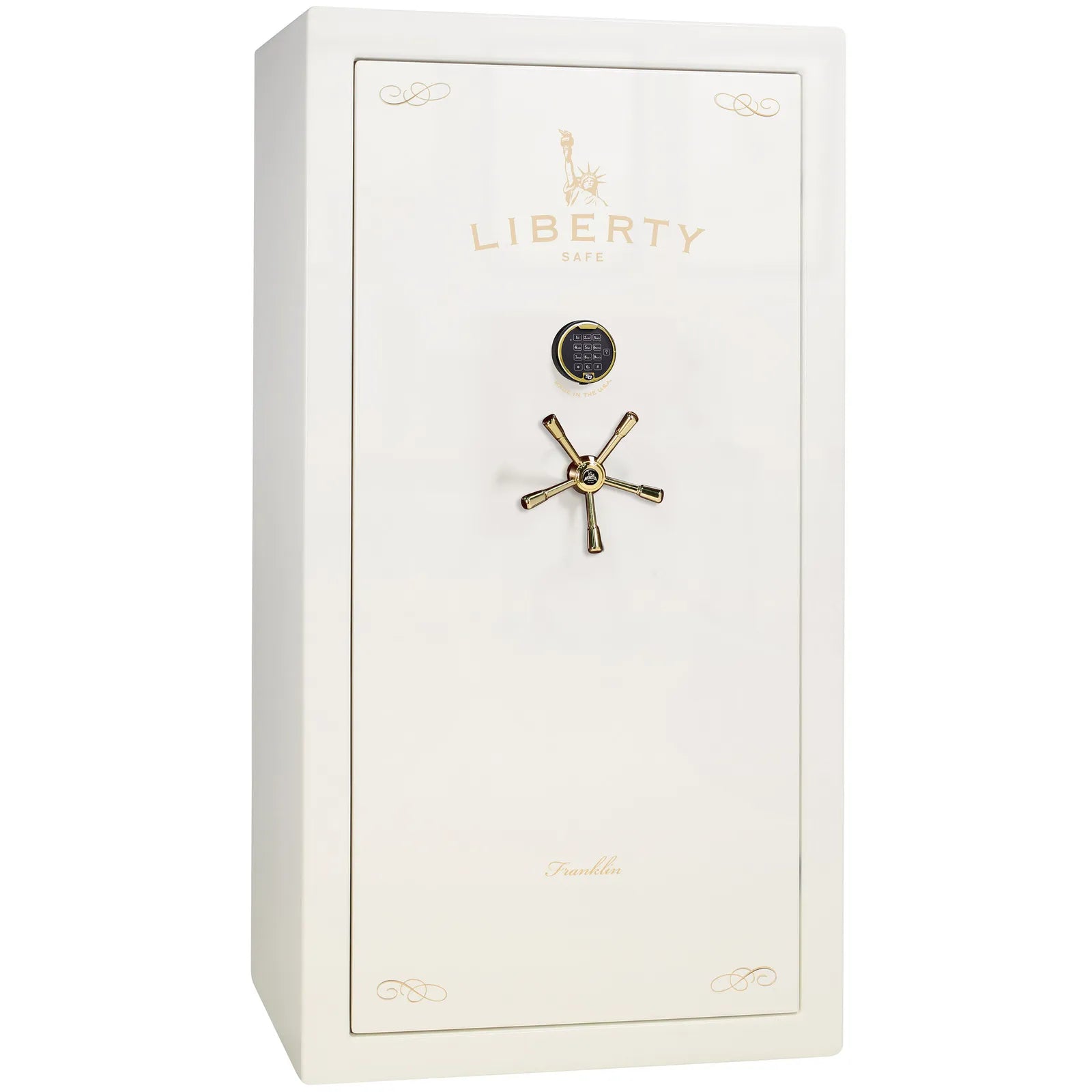 Liberty Franklin 40 gun safe in White Gloss with Brass and S&G electronic lock, exterior view.
