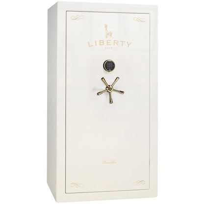 Liberty Franklin 40 gun safe in White Gloss with Brass and S&G electronic lock, exterior view.