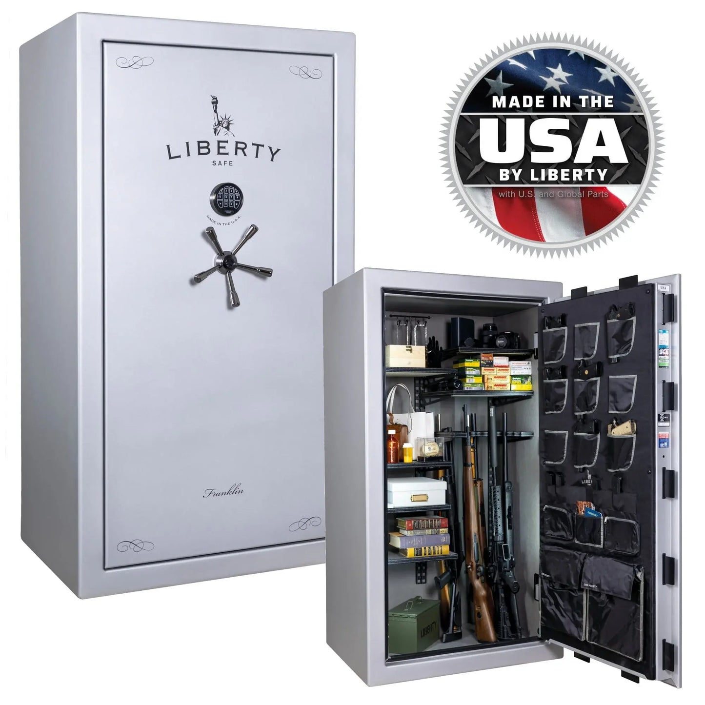 Liberty Franklin 40 gun safe glacial steel exterior and interior view