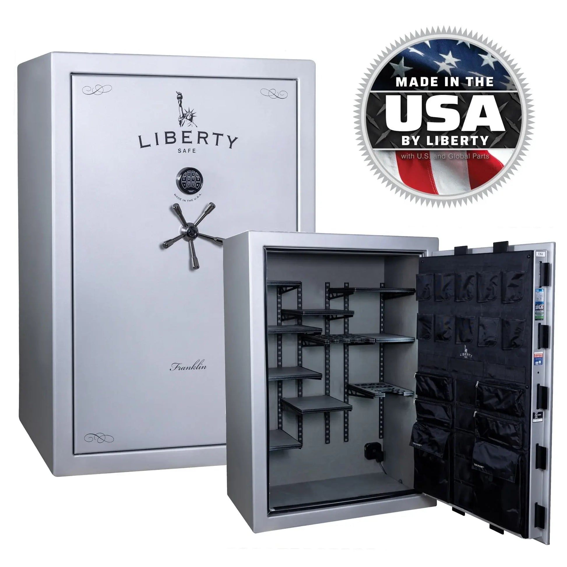 Liberty Franklin 45 gun safe glacial steel exterior and interior view