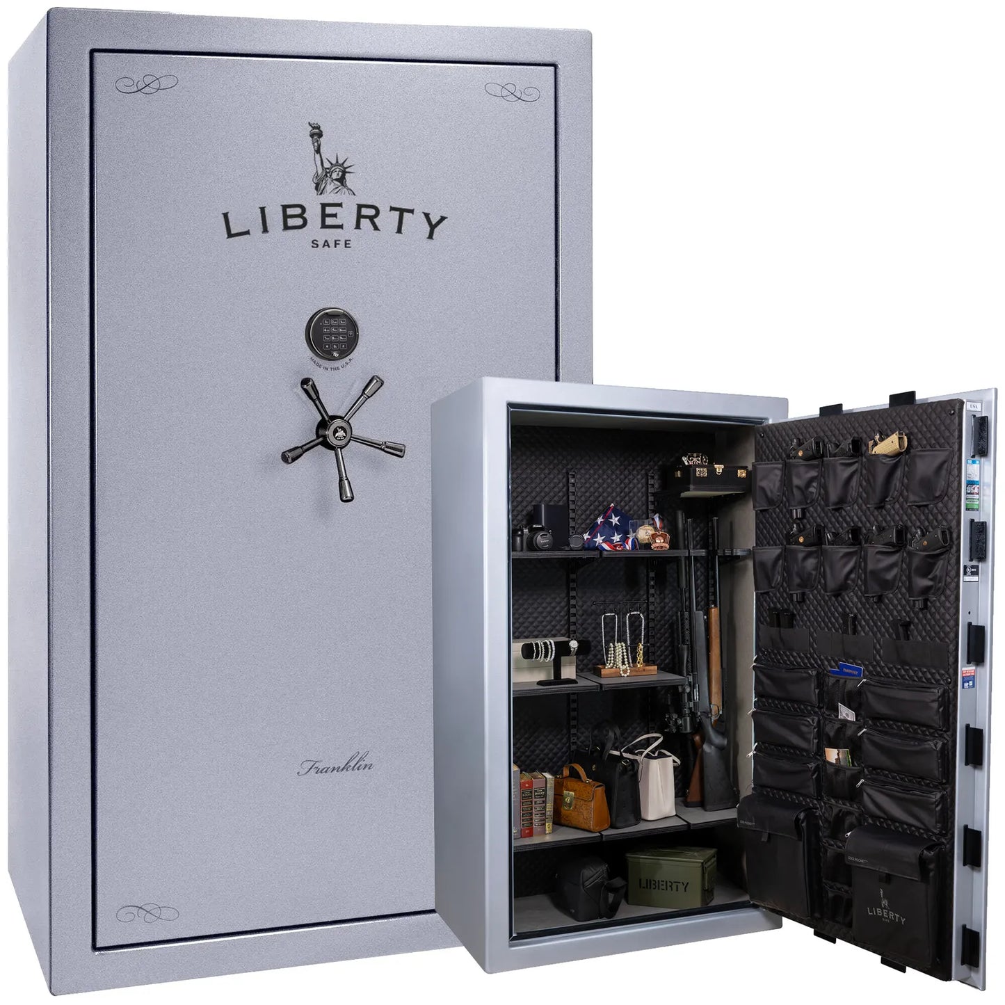 Liberty Franklin 50 gun safe in Glacial Steel with Black Chrome and S&G electronic lock, exterior view.