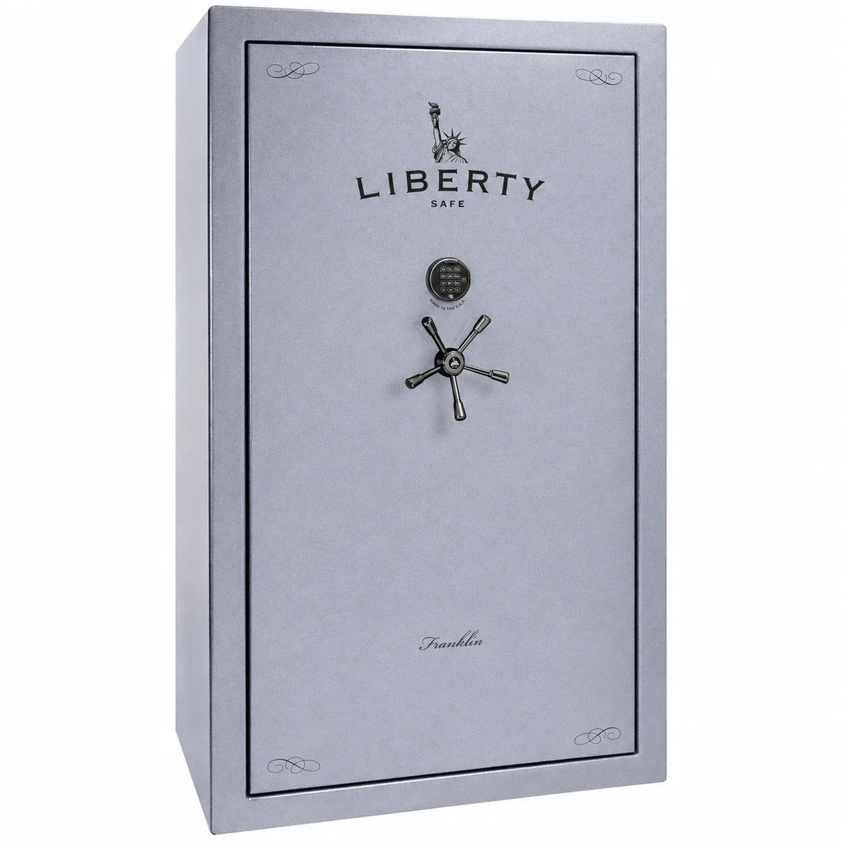 Liberty Franklin 50 safe in Glacial Steel with Black Chrome hardware and S&G electronic lock, exterior view.