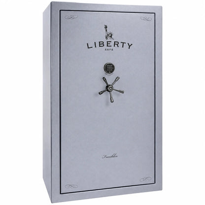 Liberty Franklin 50 safe in Glacial Steel with Black Chrome hardware and S&G electronic lock, exterior view.