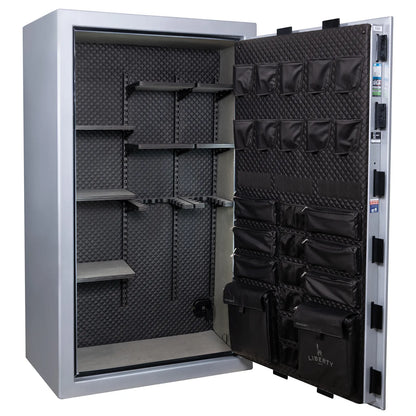 Liberty Franklin 50 gun safe in Glacial Steel with Black Chrome, Signature interior empty.