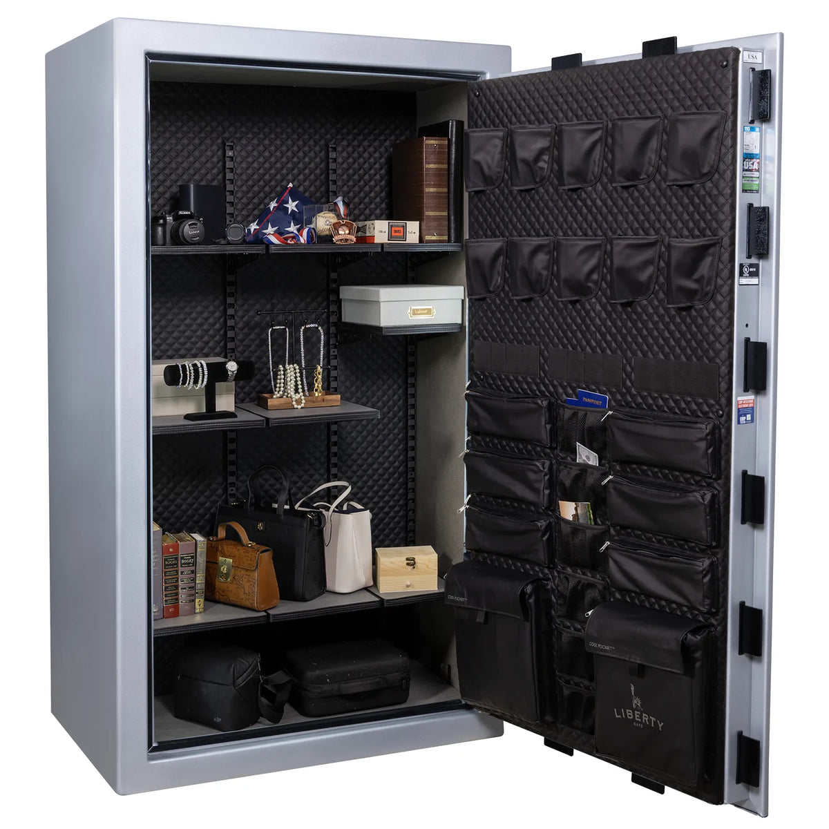 Liberty Franklin 50 gun safe in Glacial Steel with Black Chrome, Signature interior full with shelving and no guns.